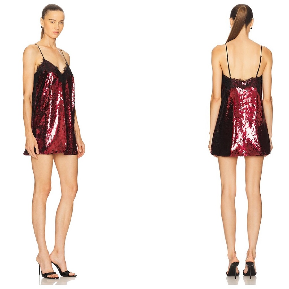 Retrofete Burgundy Sequin Mini Slip Dress with Black Lace Trim